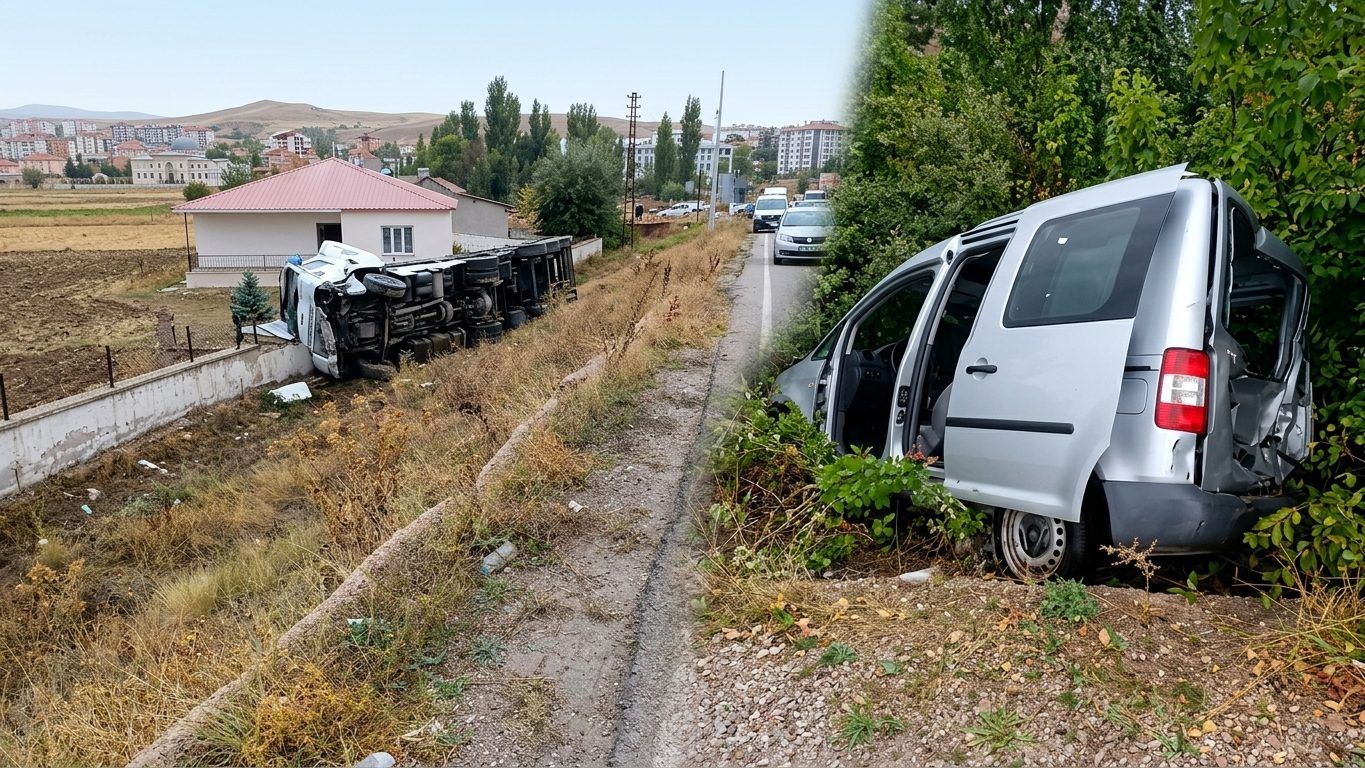 Toprak yol kenarında devrilmiş bir kamyonet ve çalılıklara savrulmuş gümüş renkli bir araç görülüyor.
