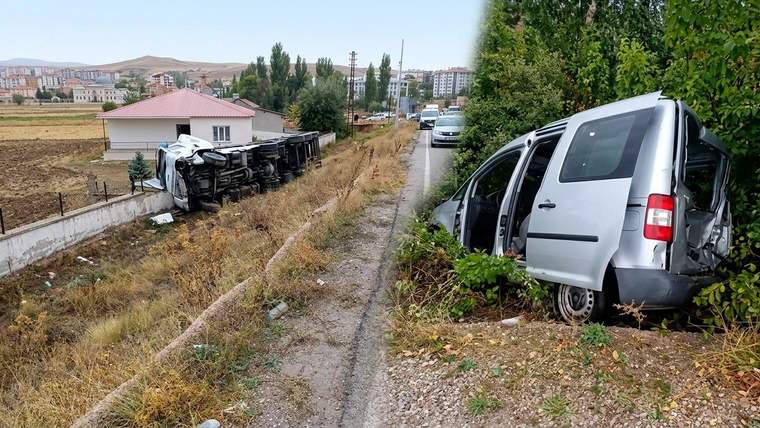 Toprak yol kenarında devrilmiş bir kamyonet ve çalılıklara savrulmuş gümüş renkli bir araç görülüyor.