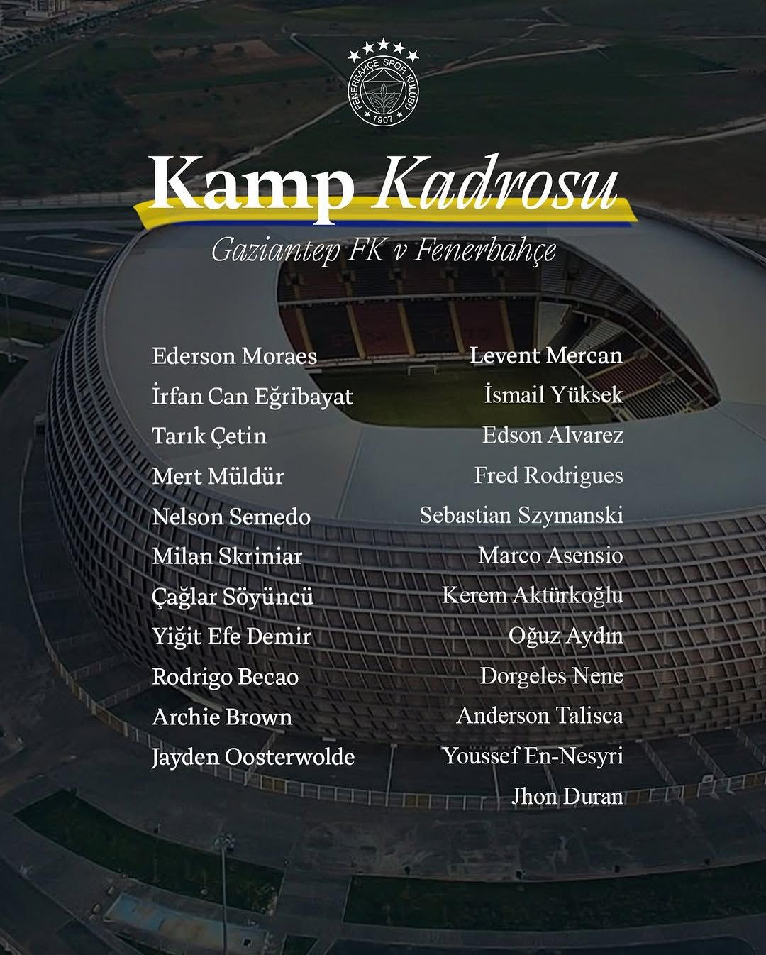Fenerbahçe'nin Gaziantep FK Maçı Kamp Kadrosu Açıklandı