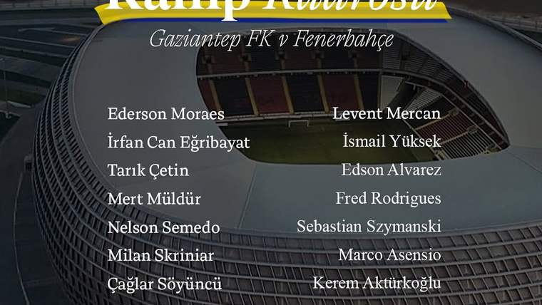 Stadyum görüntüsü üzerinde “Kamp Kadrosu” başlığı ve Gaziantep FK-Fenerbahçe karşılaşması için futbolcu adları yer alıyor.