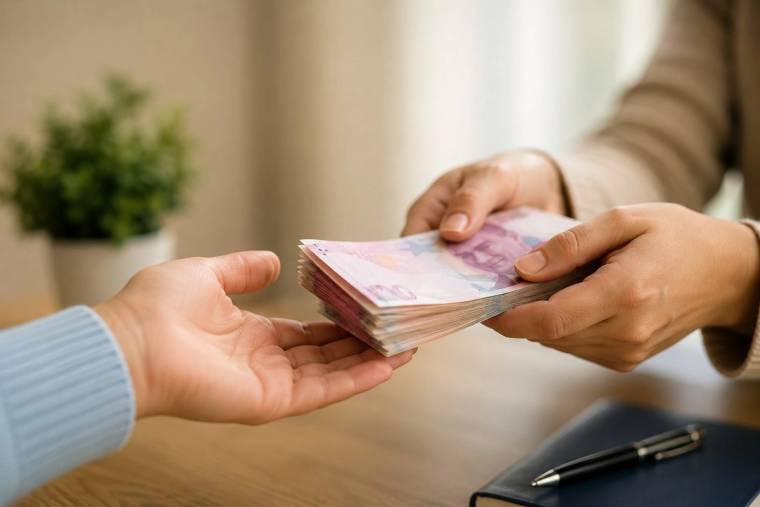 İki kişinin elleri, bir deste banknotu masa başında birbirine uzatıyor.