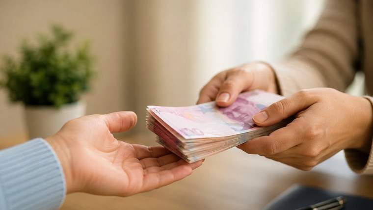 İki kişinin elleri, bir deste banknotu masa başında birbirine uzatıyor.