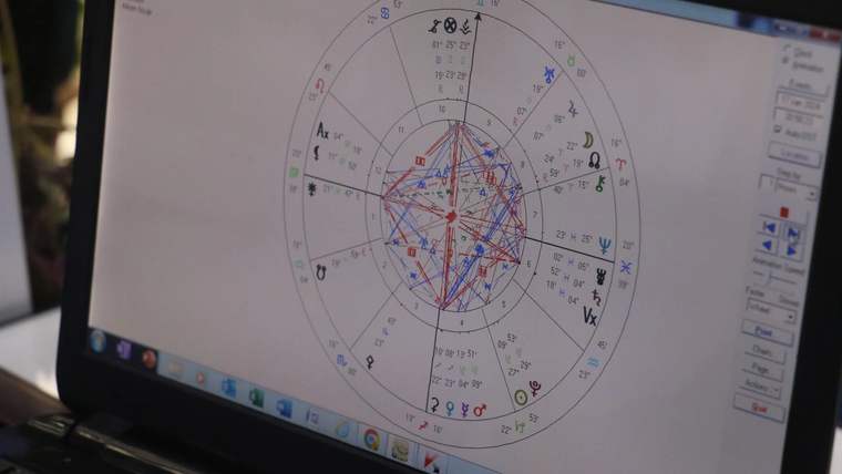 Bir bilgisayar ekranında astrolojik bir harita ve semboller yer alıyor.