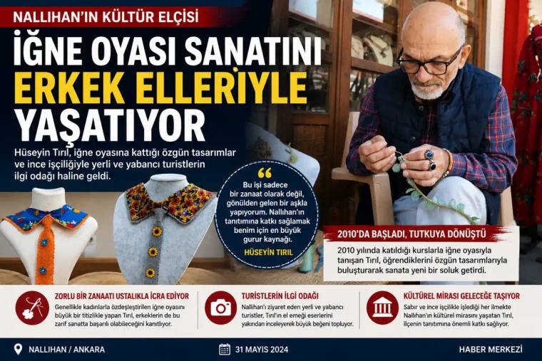 İğne oyası yapan bir erkek, renkli iğne oyası örnekleriyle çalışıyor.