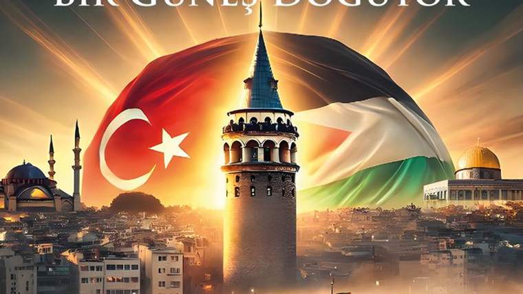 Galata Kulesi ve köprü üzerinde Türk ve Filistin bayrakları; arka planda camiler, üstte yürüyüş duyurusu yazıları.