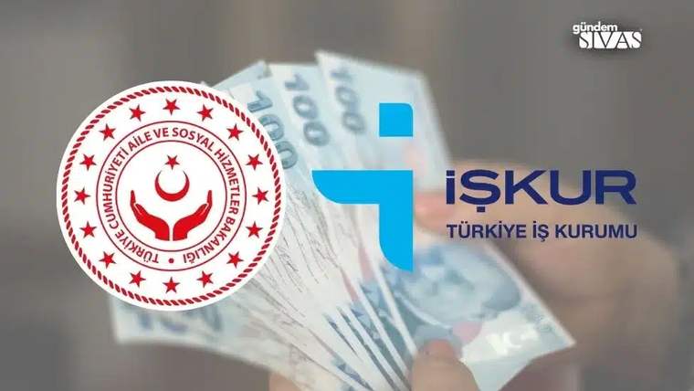 Bir elin tuttuğu banknotların üzerinde Aile ve Sosyal Hizmetler Bakanlığı ile İŞKUR logoları yer alıyor.