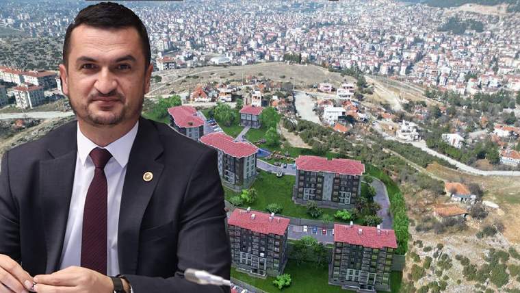 Ön planda takım elbiseli bir kişi, arka planda kırmızı çatılı konutlar ve geniş bir kent manzarası görülüyor.
