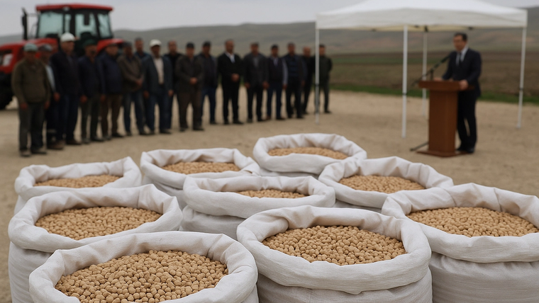 Ön planda nohut çuvalları, arkada traktör, bir grup kişi ve çadır önünde kürsüde konuşan kişi görülüyor.