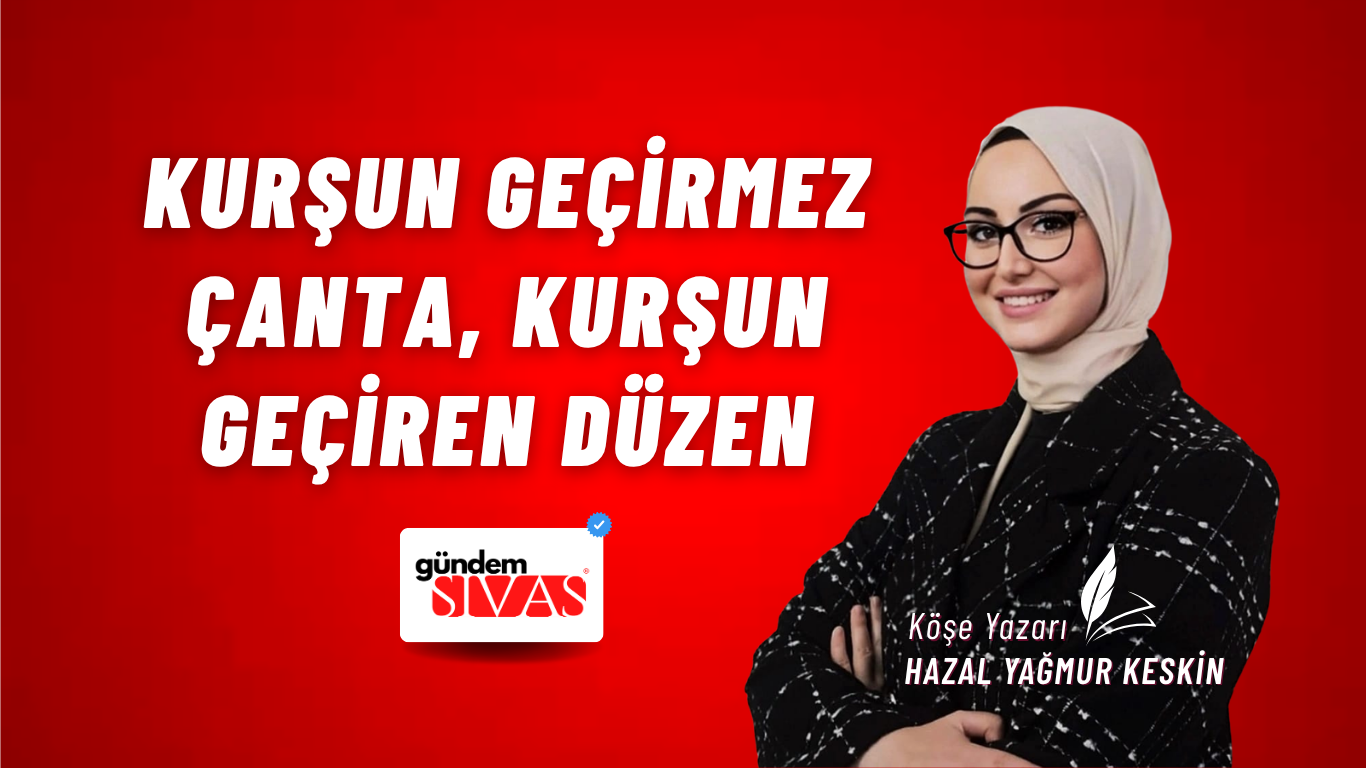 Kırmızı arka planda gözlüklü başörtülü bir kadın, beyaz yazılar ve küçük bir haber logosu görülüyor.