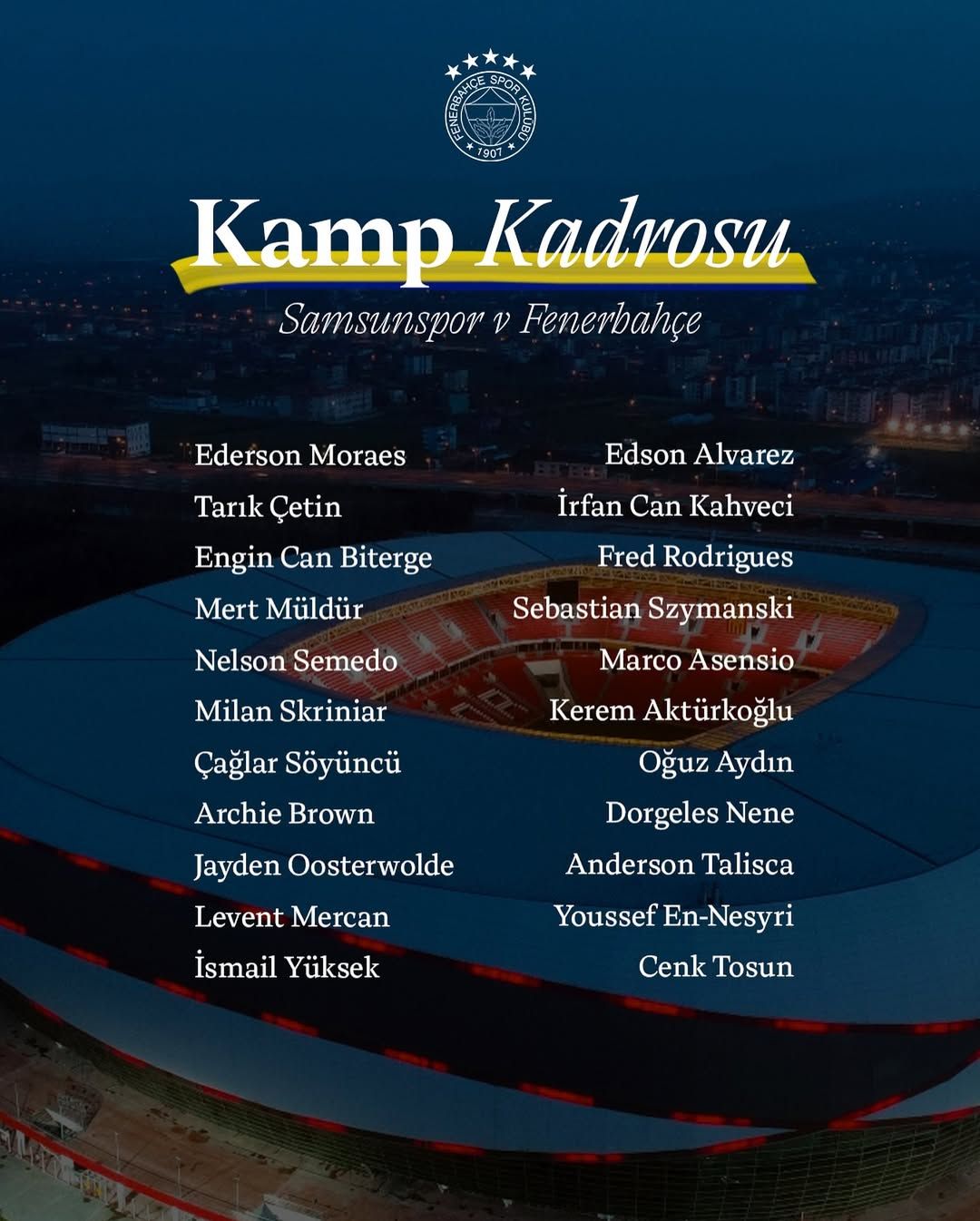 Fenerbahçe'nin Samsunspor Maçı Kamp Kadrosu Açıklandı