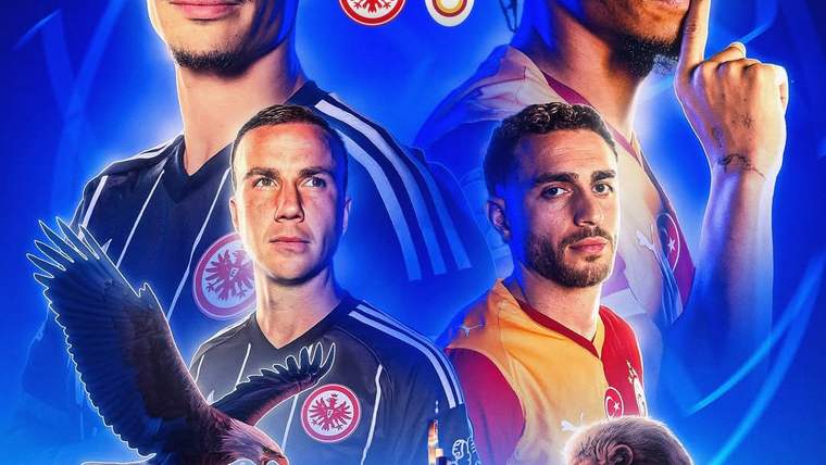 Galatasaray ve Eintracht Frankfurt armaları önünde dört futbolcu, kartal ve bir maymunun yer aldığı kolaj.