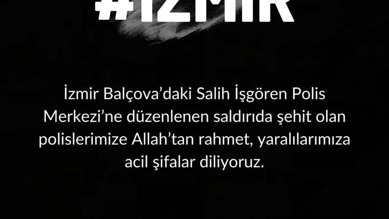 Siyah zemin üzerinde “#İZMİR” başlığı ve Salih İşgören Polis Merkezi’ne ilişkin taziye mesajı yer alıyor.