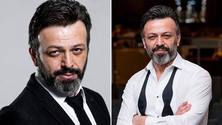 Yan yana sunulan iki portrede sakallı bir erkek; solda takım elbiseli, sağda beyaz gömlekli görülüyor.