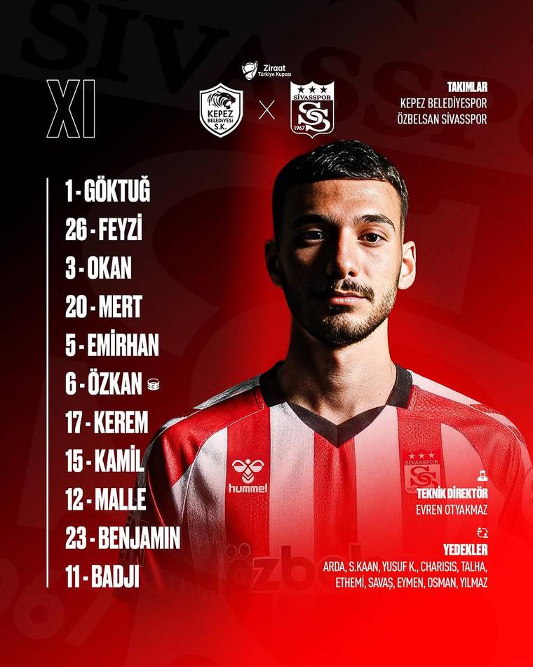 Kırmızı-beyaz formasıyla bir futbolcu, takım logoları ve ilk 11 listesinin yer aldığı kırmızı-siyah tasarımda görülüyor.