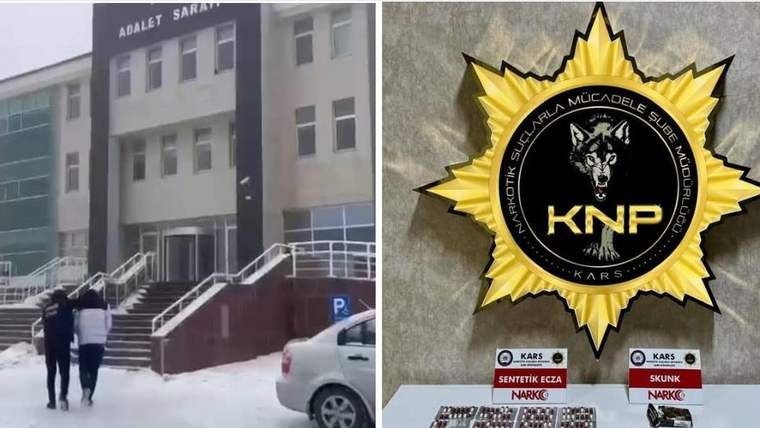 Karlı zeminde Adalet Sarayı binası ve araç; yanında Kars narkotik birimi amblemi ile etiketli paketler görülüyor.