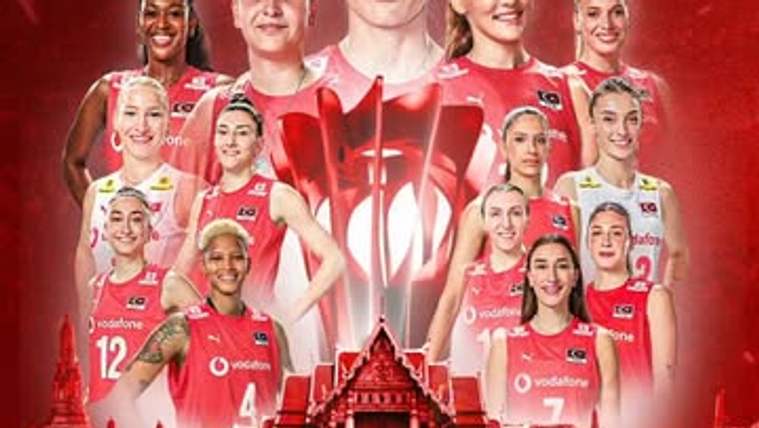 Kırmızı formalar giyen kadın voleybolcular, kırmızı arka plan önünde bir yapı ve kupa illüstrasyonuyla birlikte görülüyor.