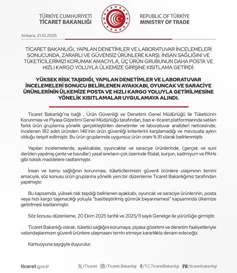 Ticaret Bakanlığı logolarının altında, 21 Ekim 2025 tarihli genelge metni yer alıyor.