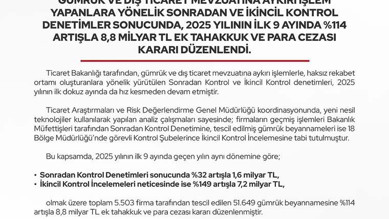Ticaret Bakanlığı imzalı metinde gümrük denetimleri ve ek tahakkukla ilgili açıklama ile maddeler yer alıyor.