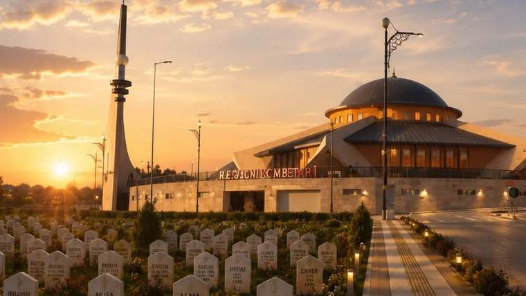 Güneşin batmakta olduğu bir akşamda, mezarlıkta taş mezarların önünde bir cenaze evi görünmekte.