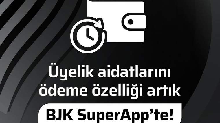 BJK SuperApp logosu ve üyelik aidatı ödeme simgesi, siyah zemin üzerinde tanıtım metniyle yer alıyor.
