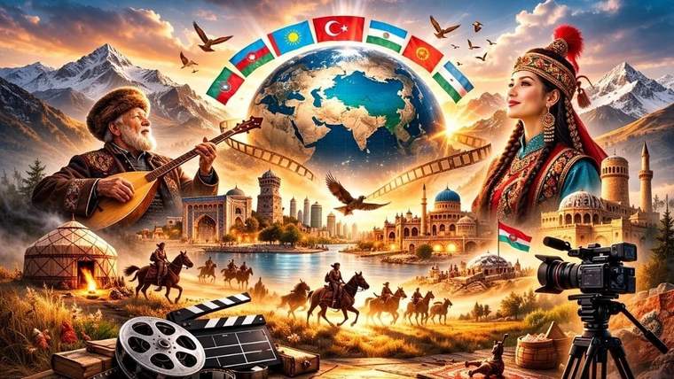 Dünya küresi ve bayraklar çevresinde geleneksel kıyafetli iki kişi, tarihi yapılar, atlılar ve kamera görülüyor.