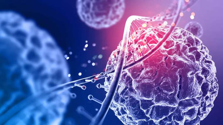 Mikroskobik görüntüde kanser hücreleri ve DNA sarmalı görünmektedir.