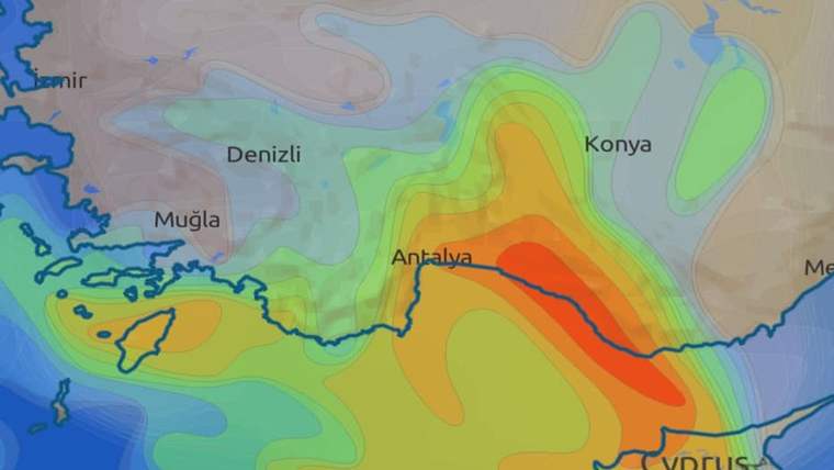 Yağış haritasında Antalya, Muğla, Denizli ve Konya bölgeleri renklerle gösterilmiş.