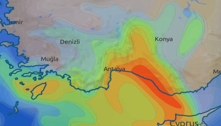 Yağış haritasında Antalya, Muğla, Denizli ve Konya bölgeleri renklerle gösterilmiş.
