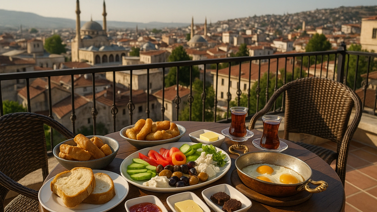Bir masa üzerinde çeşitli kahvaltılık yiyecekler, arka planda Sivas manzarası.