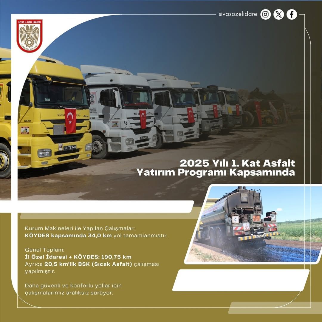Farklı renklerdeki asfalt kamyonları, bir alanda sıralanmış olarak duruyor.