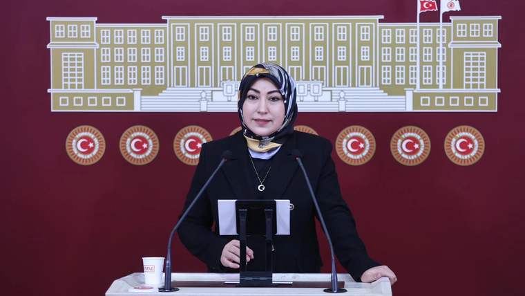 Kürsüde konuşan başörtülü bir kadın, arka planda Türkiye bayrağı ve TBMM binası görünüyor.