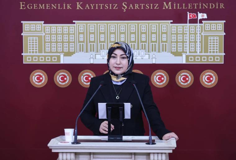 Kürsüde konuşan başörtülü bir kadın, arka planda Türkiye bayrağı ve TBMM binası görünüyor.