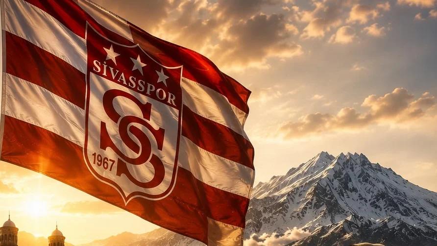 Dağ manzarası önünde dalgalanan, üzerinde Sivasspor arması ve 1967 yazısı bulunan kırmızı-beyaz bayrak.