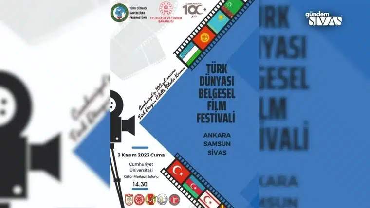 Türk Dünyası Belgesel Film Festivali afişinde film şeridi, ülke bayrakları ve Ankara, Samsun, Sivas adları yer alıyor.