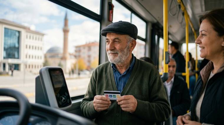 Otobüs içinde yaşlı bir erkek ulaşım kartı tutarken, yanında gülümseyen bir kadın ve arkada yolcular görülüyor.