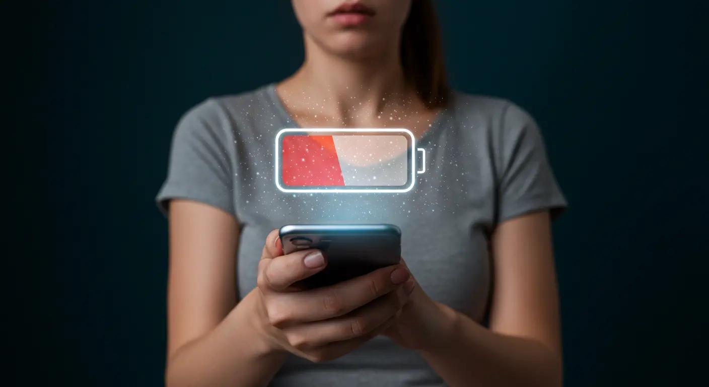 Kişi, ellerinde akıllı telefon tutarken göğüs hizasında düşük doluluklu pil simgesi görülüyor.