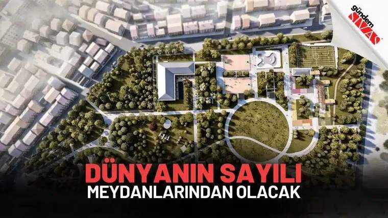 Üstten görünüşlü mimari tasarımda ağaçlık alanlar, yollar, yapılar ve geniş dairesel bir meydan görülüyor.