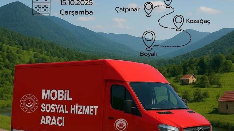 Üzerinde “Mobil Sosyal Hizmet Aracı” yazan kırmızı minibüs, dağlık ve yeşil bir vadide görülüyor.