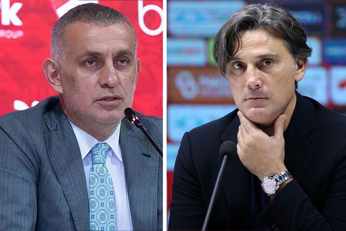 Yan yana iki bölmede, mikrofon önünde duran takım elbiseli ve koyu ceketli iki kişi görülüyor.