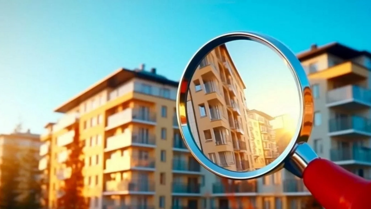 Apartman binaları önünde, bir binanın yansımasını gösteren büyüteç tutuluyor.