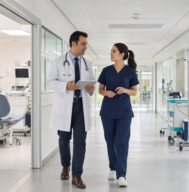 Hastane koridorunda beyaz önlüklü bir doktor ve lacivert formalı bir sağlık çalışanı yan yana yürüyor.