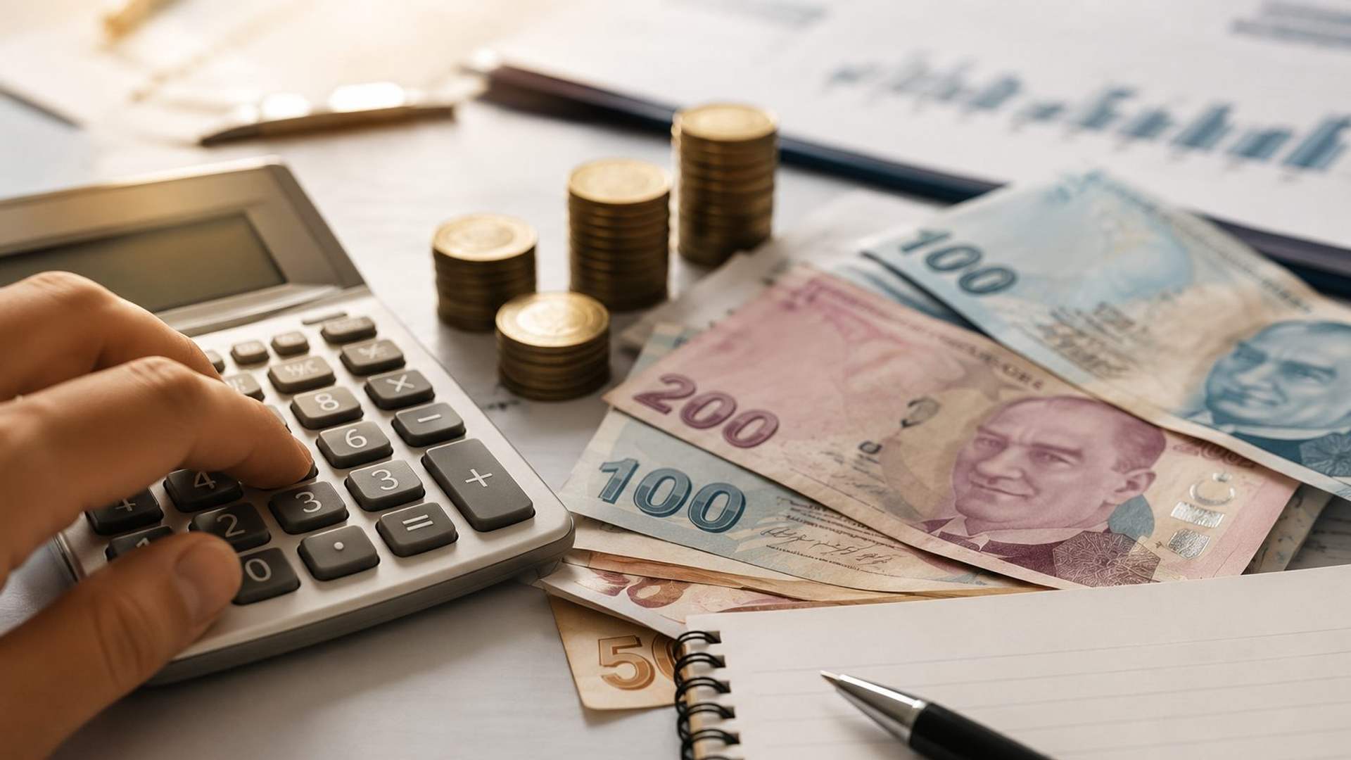Hesap makinesinin yanında üst üste dizilmiş madeni paralar, Türk lirası banknotları, defter ve kalem bulunuyor.
