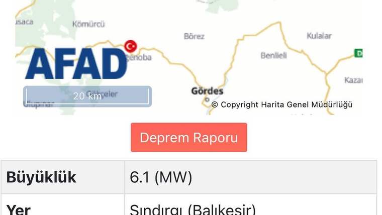AFAD haritasında kırmızı deprem simgesi ve 6.1 büyüklük ile Sındırgı (Balıkesir) bilgisi yer alıyor.