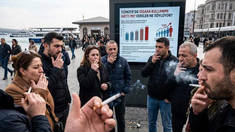 Kıyıda bir grup insan sigara içerken arkalarında sigara kullanımına ilişkin grafiklerin bulunduğu pano görülüyor.