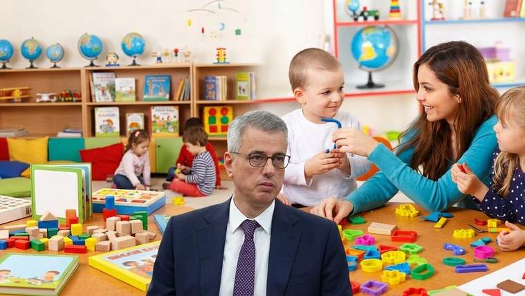 Oyuncaklarla dolu sınıfta çocuklarla ilgilenen iki kadın ve önde takım elbiseli bir erkek görülüyor.