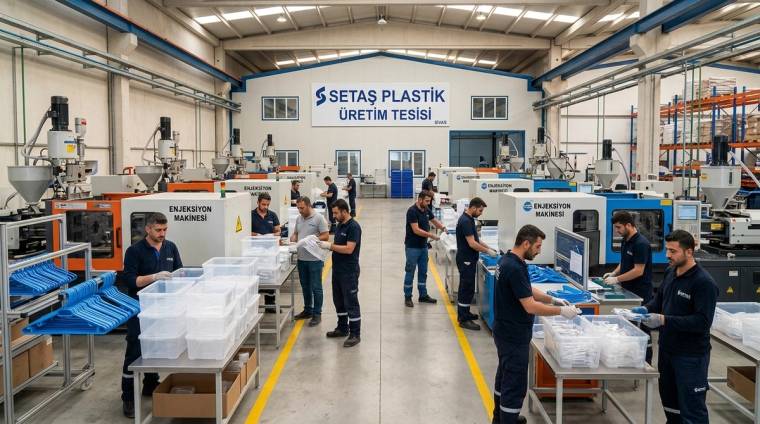 Üretim tesisinde çalışanlar, plastik enjeksiyon ve ekstrüzyon makineleri arasında üretim yapıyor.