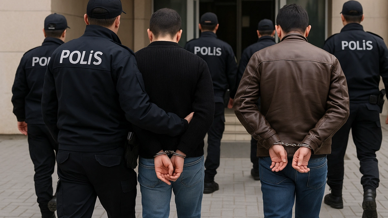 POLİS yazılı üniformalı görevliler, elleri kelepçeli iki erkeği bina girişinin önünde yürütüyor.