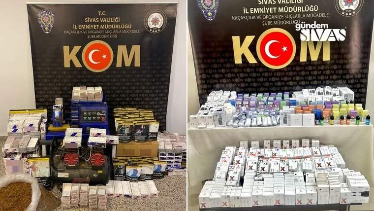 Sivas'ta sigara kaçakçılığına yönelik operasyon sonucu ele geçirilen kaçak sigara ve malzemeler.