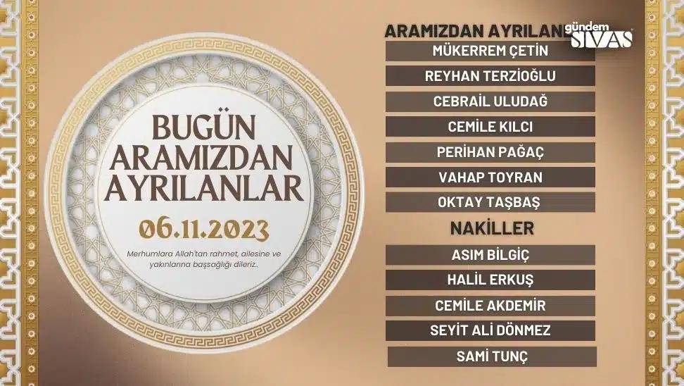 Sivas'ta Bugün Vefat Edenler - 06.11.2023
