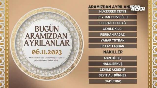 Sivas'ta Bugün Vefat Edenler - 06.11.2023
